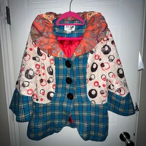 An REN Colorful Dressy Women's Blazer with Plaid and Polka Dots Ruffle Collar